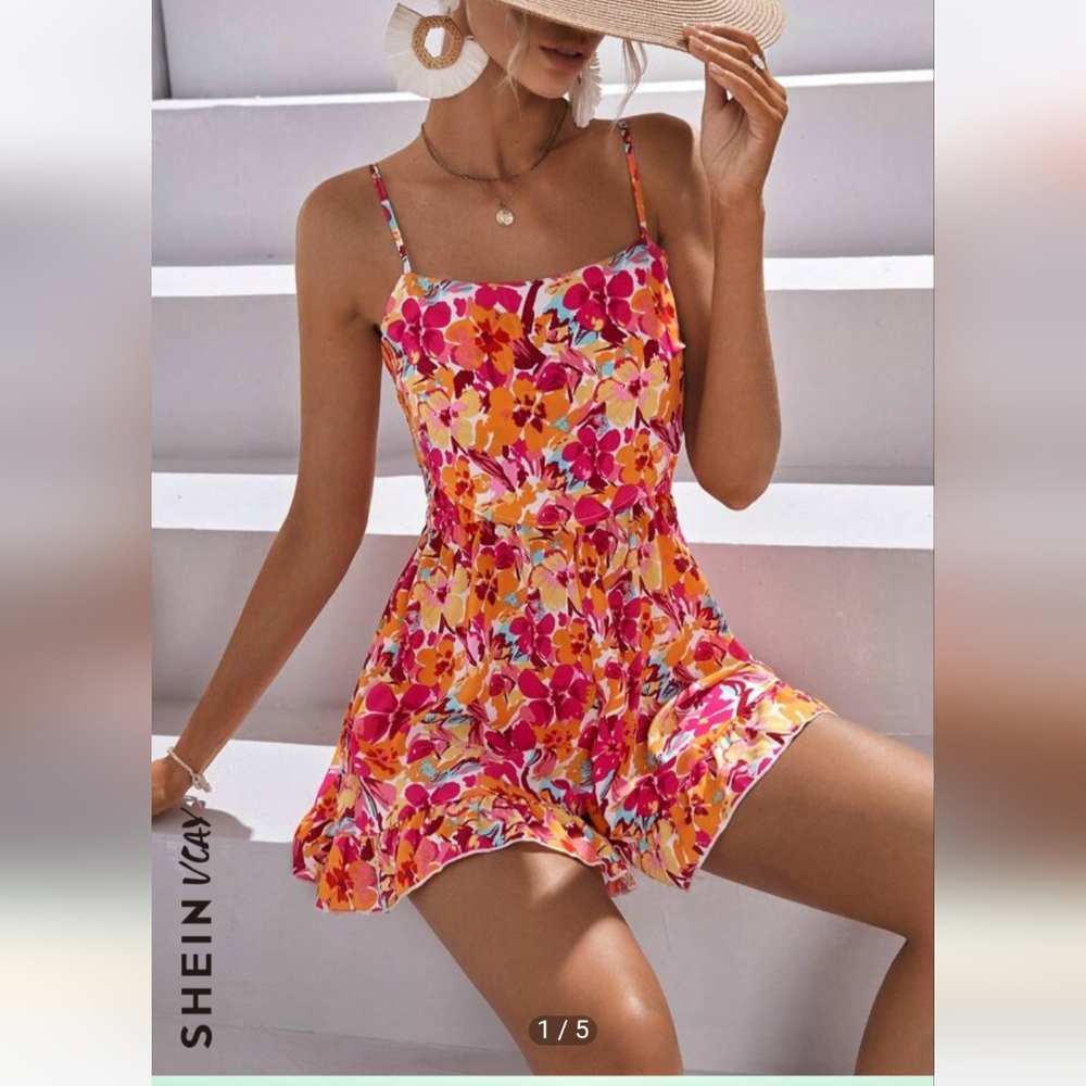SHEIN VCAY Allover Floral Print Ruffle Hem Cami Romper Medium
